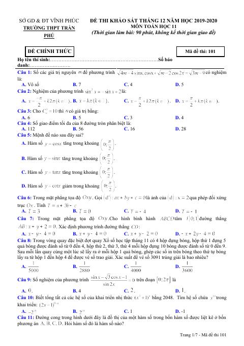 Đề khảo sát tháng 12/2019 môn Toán 11 trường THPT Trần Phú – Vĩnh Phúc (bản Word)
